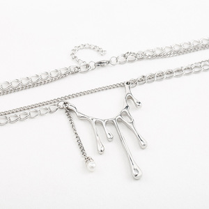 Layered <b>Titanium</b> Steel Necklace Geometric Teardrop Pendant Double Chain Unisex Fashion Jewelry - Product Image 2