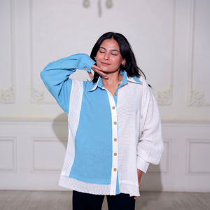 Women's Office Bohemian Knitted Button Down <b>Shirt</b> with Embroidery Contrast <b>Color</b> Balloon Sleeve Loose Fit Turn-down Collar Top - Product Image 1