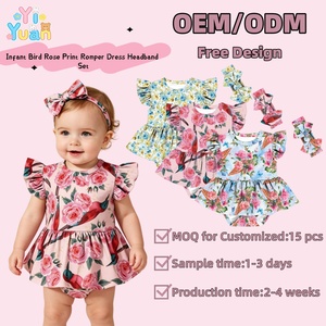 Ensemble décontracté d'été pour nouveau-né : Body imprimé à volants et jupe pour bébés filles avec bandeau à nœud assorti – Prise en charge OEM ODM - Product Image 1
