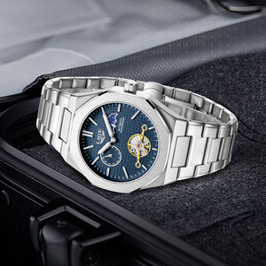Lige Lg6823 Tourbillon Cơ Khí Tự Động Màu Xanh Hollow out Casual Cổ Tay Đồng Hồ Thép Không Gỉ Mặt Trăng Giai Đoạn Nam Đồng Hồ Cho Nam Giới - Product Image 4