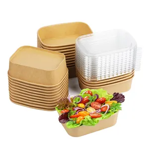 Cuenco de papel de Kraft rectangular compostable respetuoso con el medio ambiente desechable de calidad alimentaria personalizado para restaurante