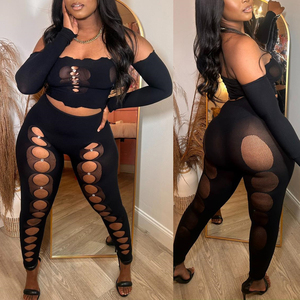Peeqi Phụ Nữ Trang Phục Đan Hollow out Crop Áo Sơ Mi Và Xà Cạp 2 Mảnh Bộ Nữ Sexy Y2K Lưới Hai Mảnh Quần Bộ Phụ Nữ - Product Image 2