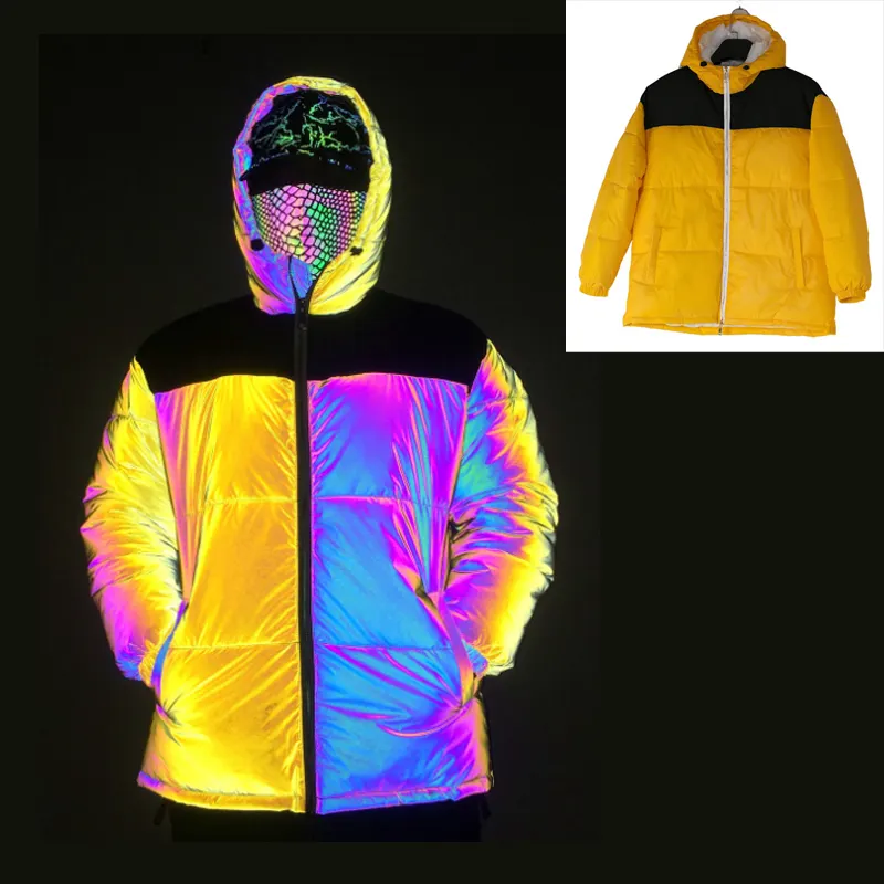 winter fashion streetwear fluoresce yellow women men high collar cotton filled rainbow puffer parka reflective down jacket coat