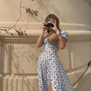Vestido de Mujer con Cuello Cuadrado y Estampado Floral, Mangas Abullonadas, Falda con Estructura de Espina de Pescado, Casual, Sexy y Elegante, Largo Midi-Maxi para Vacaciones de Verano y Tardes de Té - Product Image 4