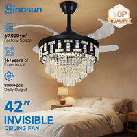 Ventilateur de plafond intelligent à LED avec télécommande, moteur DC, 3 pales de 42 pouces, design moderne en cristal, idéal pour la décoration de chambre à coucher, compatible OEM/ODM