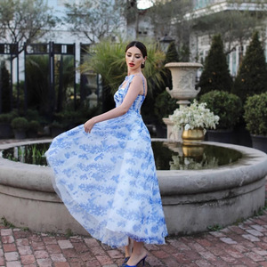 Robe midi en organza à imprimé floral, épaules dénudées, taille empire, fermeture éclair sur le devant, robe de cocktail transparente - Product Image 5