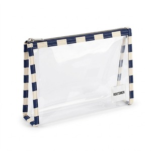 Pochette plate transparente en PVC, sac à maquillage transparent avec bordure en tissu rayé, pochette cosmétique transparente avec fermeture éclair, logo personnalisé OEM, voyage - Product Image 2