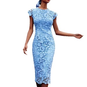 Robe midi en dentelle bleue, col rond, manches courtes, imprimé floral, robe de soirée pour femmes - Product Image 5
