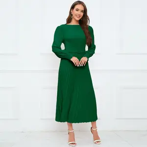 Clothing round neck bubble long sleeved pleated A-line skirt, European and American Amazon mid length slim fitting dress