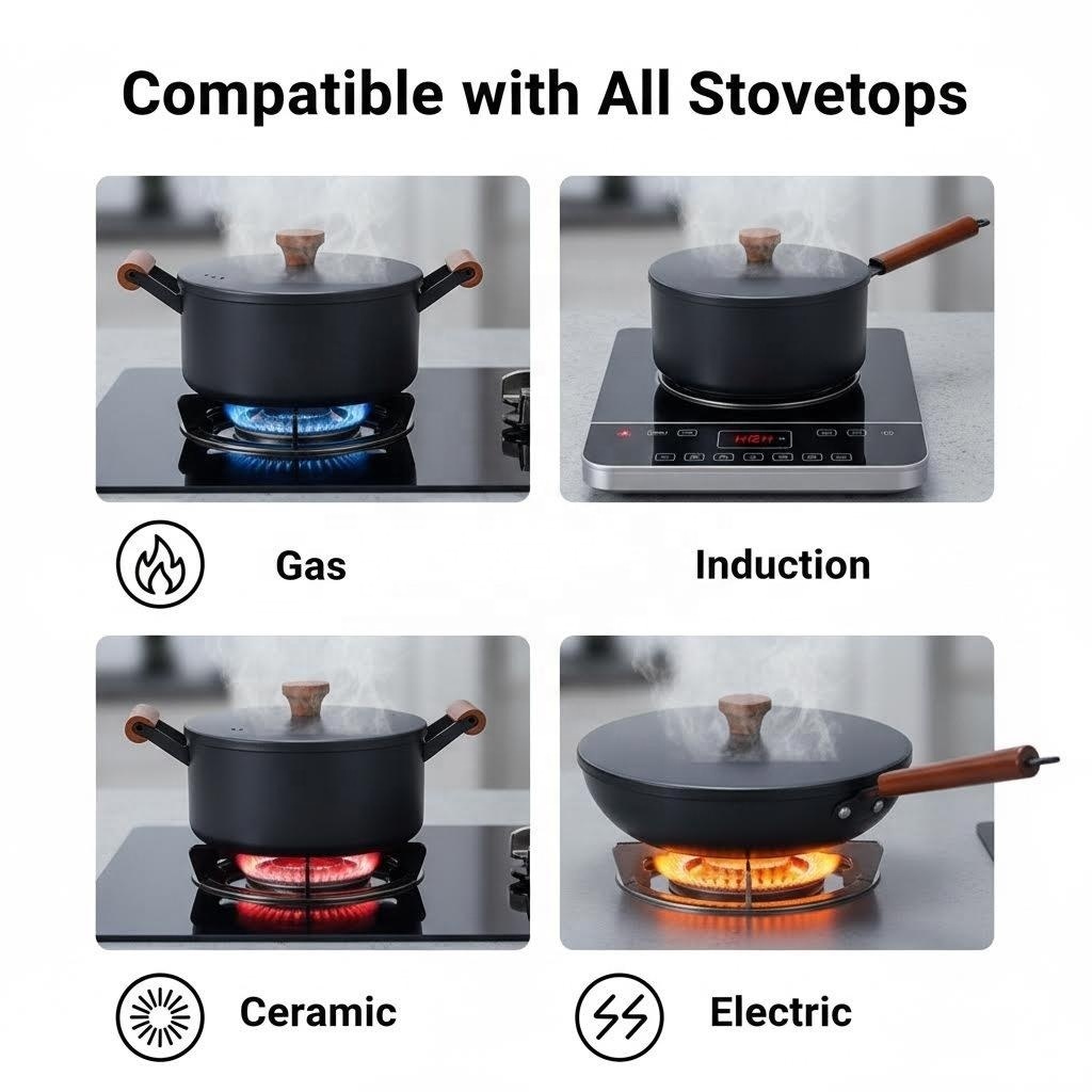 High Quality 5 Piece Non Stick Cookware Set Versatile Black Kitchen Pots and Pans Set with Natural Wood Handle · image 5