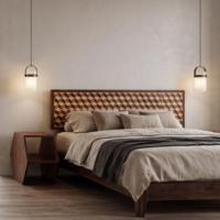 Juego de Muebles de Dormitorio de Lujo de Madera Maciza China de Estilo Mid-Century con Diseño Geométrico, Cama King Size de Alta Gama