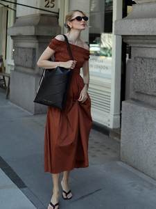 Vestido Midi Elegante Francés para Mujer, Sin Cuello, Manga Corta, Cintura Fruncida, Control de Abdomen, Ajustado, 100% Algodón Liso - Product Image 3