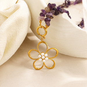 Collier en acier inoxydable avec pendentif fleur en perle, perles en pierre naturelle, plaqué or 18 carats, style vacances à la plage, printemps été - Product Image 4