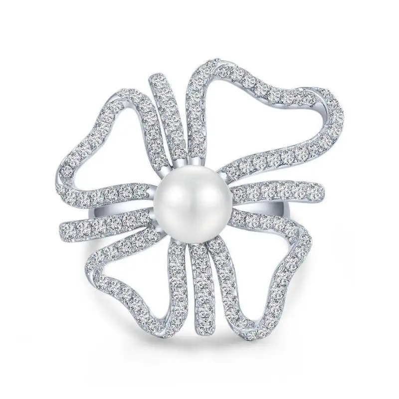 S925 стерлингового серебра кольцо с жемчугом 8 мм элегантные высокоуглеродные позолоченные кольца с бриллиантами для женщин