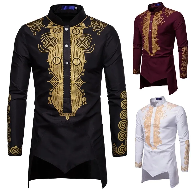 Slim Fit דאשיקי אפריקאית גברים בגדים, שחור זהב מודפס ארוך שרוול חולצות גברים
