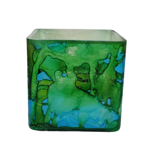 Custom Blue-Green Marbleized Fancy High-Quality Handmade Decorative Multi-purpose Large <b>Square</b> Petal <b>Candle</b> Glass Votive - Product Image 1