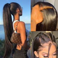 Perruque brésilienne vierge sans colle, avec dentelle frontale transparente HD, longue, couleur naturelle, avec baby hair, bonnet petit/grand, pour femme, vente en gros