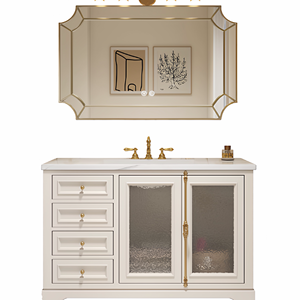 Conjunto de Muebles de Baño Estilo Americano Retro Francés para Hotel o Villa, con Acabado en Roble Horneado, Espejo LED Inteligente y Lavabo de Pie - Product Image 2