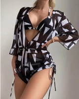 Ensemble 3 pièces de bikini européen et américain à manches longues en maille respirante, taille haute imprimée avec cordon de serrage et effet gainant