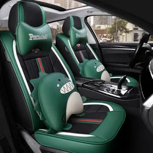 Universal Luxury Cute Cartoon Pillow Green Leather Car Seat Covers Full Set