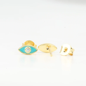 Boucles d'oreilles minimalistes en émail œil porte-bonheur, or massif 14 carats, faites à la main, bijoux de protection, usage quotidien, bijoux fins pour femmes - Product Image 3