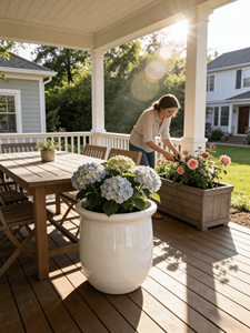 Maceta de Cerámica con Borde Ancho y Diseño de Barril, Color Blanco Brillante, para Interiores y Exteriores, Decoración de Jardín y Patio, Venta al por Mayor, con Orificio de Drenaje - Product Image 2