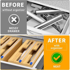 2-In-1 Bamboo Packaging Dispenser 30cm Roll Sliding Cutter Kitchen <b>Drawer</b> <b>Storage</b> Organizer Easy Cleaning - Product Image 2
