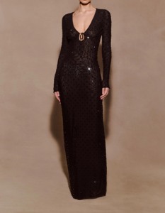 فستان سهرة نسائي مثير من الشبك الشفاف مزين بالأحجار الكريمة حسب الطلب بنقشة البولكا دوت وياقة على شكل V عميقة وأكمام طويلة - Product Image 1