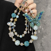 Cadena de Lujo para Teléfono con Mariposa Turquesa, Abalorios de Cristal y Diamantes de Imitación AB, Llavero Dorado, Colgante para Bolso, Joyería Hecha a Mano al por Mayor
