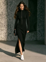 Robe longue en tricot décontractée pour femmes de haute qualité, automne-hiver, col montant à demi-zip, fente latérale, robe moulante maxi pour tous les jours
