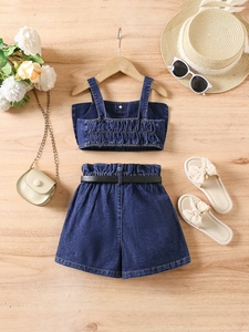 Conjunto de Roupas para Meninas Pequenas por Atacado, Top de Denim Sem Mangas com Laço + Shorts Jeans, Conjunto de 2 Peças - Product Image 3