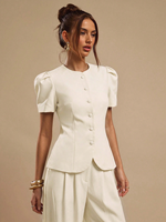 Nouvelle Blouse Élégante Femme Style Français Manches Ballon Courtes Boutonnée Coupe Droite en Polyester pour Bureau, Fête et Tenues Décontractées
