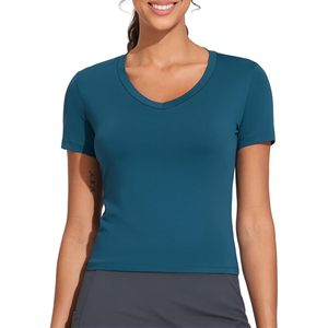 Camiseta Deportiva Corta con Cuello en V para Mujer, Ajustada, de Manga Corta, Transpirable, de Spandex y Poliéster, Ropa Deportiva Informal - Product Image 1
