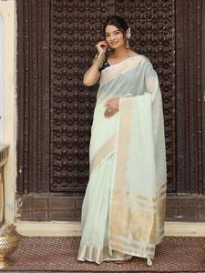 Sari en coton traditionnel Dhwaja Export avec double blouse, longueur du sari 5,5 mètres, longueur de la blouse 0,8 mètre, toutes saisons, mariage/fête/Diwali - Product Image 5