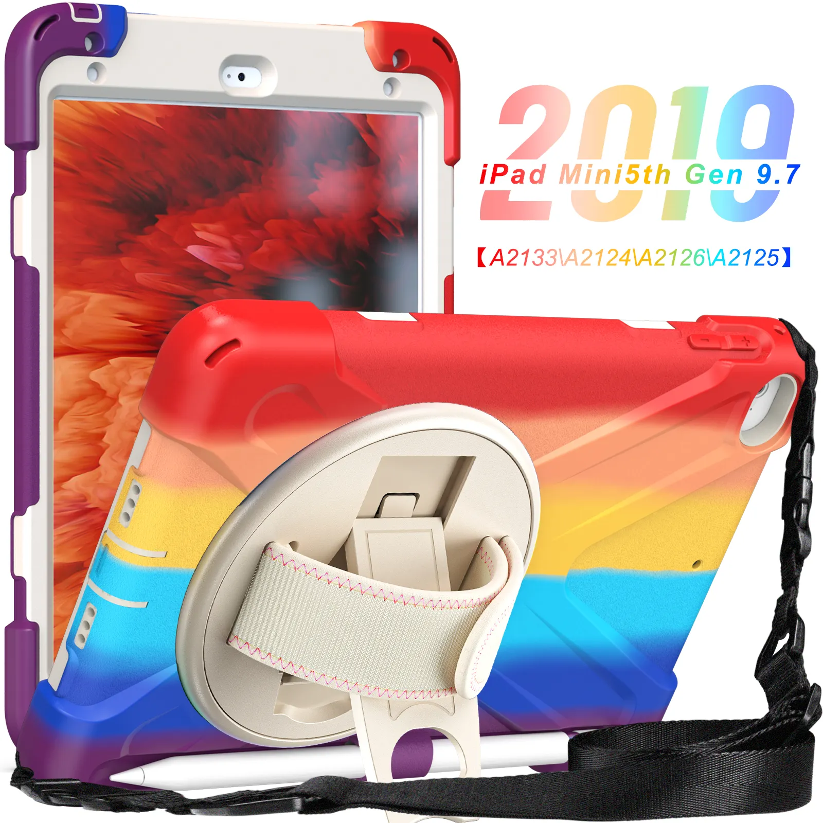 Case For iPad Mini 4 5 7.9 inch Full Protection 360 Rotation Hand Kickstand Silicone Case Colorful Rainbow Tablet Cover