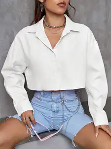 Custom Women's Boxy Long Sleeve Solid Color Crop Top Loose Button Up Boxy Blouse With Drop Shoulder
