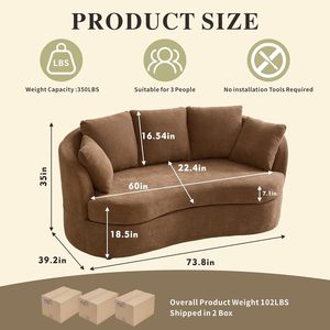 Ghế sofa góc cong rộng 73.82 inch, 3 chỗ ngồi, hiện đại, sang trọng, bọc vải nhung xù, lưng tựa đệm nổi, chỗ ngồi siêu sâu, dành cho phòng khách - Product Image 2