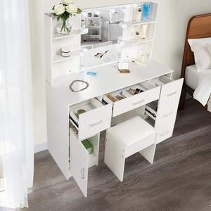 Coiffeuse de chambre en chêne avec tiroirs, éclairage LED intelligent, tabouret sur pied et <span class=keywords><strong>panneau</strong></span> MDF moderne - Product Image 3