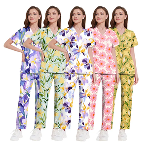 Imprimé floral à la mode porter haut à manches courtes col en V coton gommage dessin animé imprimé gommage ensemble médical gommage Stretch imprimé ensemble - Product Image 6