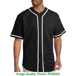 Camiseta de Béisbol para Hombre, Negra, Cuello en V, Manga Corta, Cierre de Botones, 100% Poliéster, Transpirable, Corte Regular, Ropa Deportiva para Adultos - Product Image 1
