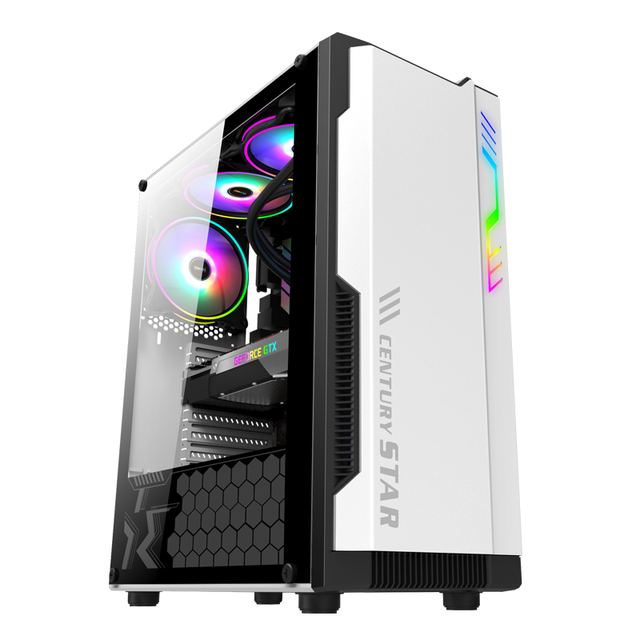 OEM Century Star USB3.0 New Style ARGB Stripe ATX Mid Tower Aluminum Alloy Gaming Case Tempered Glass Black+White High Quality