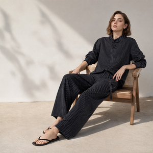 Pigiama da donna in cotone a righe con colletto alla coreana, maniche lunghe, bottoni, coulisse, pantaloni a gamba larga, abbigliamento casual da giorno e da notte SOFT15 - Product Image 4
