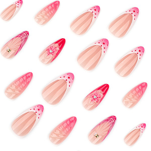 Faux ongles à presser 3D floraux de style français, courts, en forme d'amande, scintillants et pré-dessinés, prêts à poser - Product Image 3