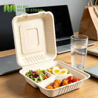 Conteneur alimentaire à clapet compostable en canne à sucre, sans PFAS, grand format, 3 compartiments, 9x9 pouces, pour plats à emporter