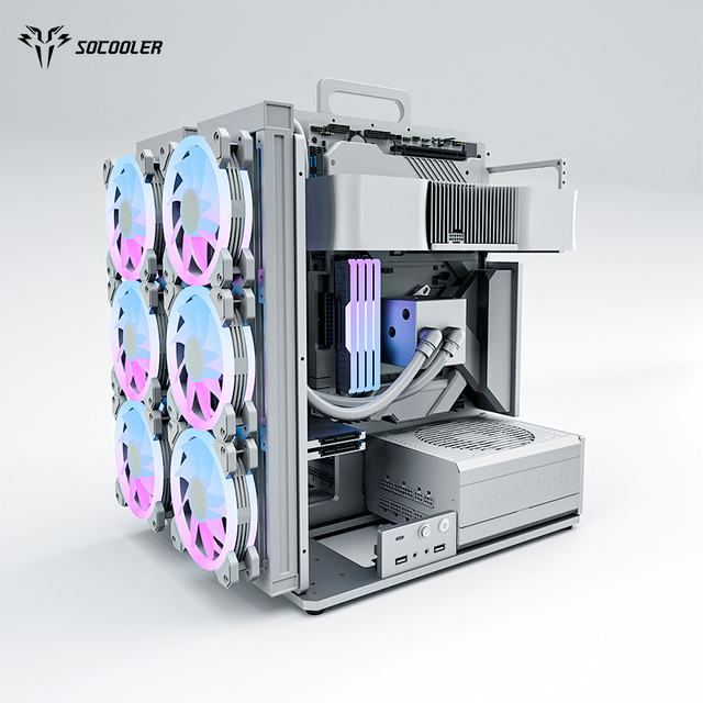 Socooler Rack Aluminum Alloy Computer Case Side Panel Window White ATX Fans Gaming PCs USB Front Ports Private Mold Open
