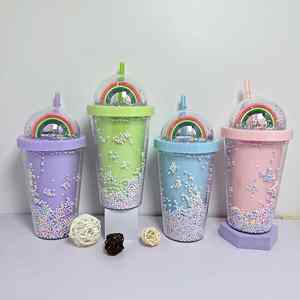 Creative New Rainbow PS Material Straight Shape Fashion Women's <b>Large</b> Capacity Straw <b>Cup</b> Mori Style Double-layer Color Beads - Product Image 2