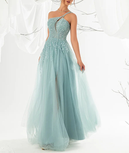Robe de soiré<span class=keywords><strong>e</strong></span> longue asymétrique pour femme, en tulle uni brodé de sequins, coupe ajusté<span class=keywords><strong>e</strong></span>, éco-responsable, avec fente haute, idéale pour l'automne - Product Image 3