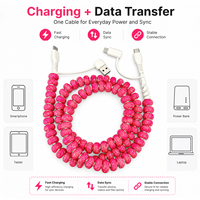 Kabel Charger HP 4 in 1 Hot Pink Berhias Rhinestone dan Manik-manik, USB Type C, Kabel Multi Charging, Kabel Transfer Data Kristal