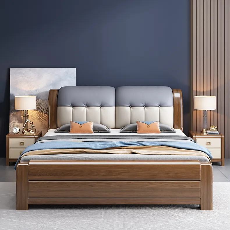 Gold silk walnut solid wood beds king size modern simple leather soft wooden wedding bed bedroom furniture sets