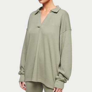 Gym Athletic Wear Femmes Vert Oversize Polo Waffle Knit Chemises à manches longues - Product Image 5